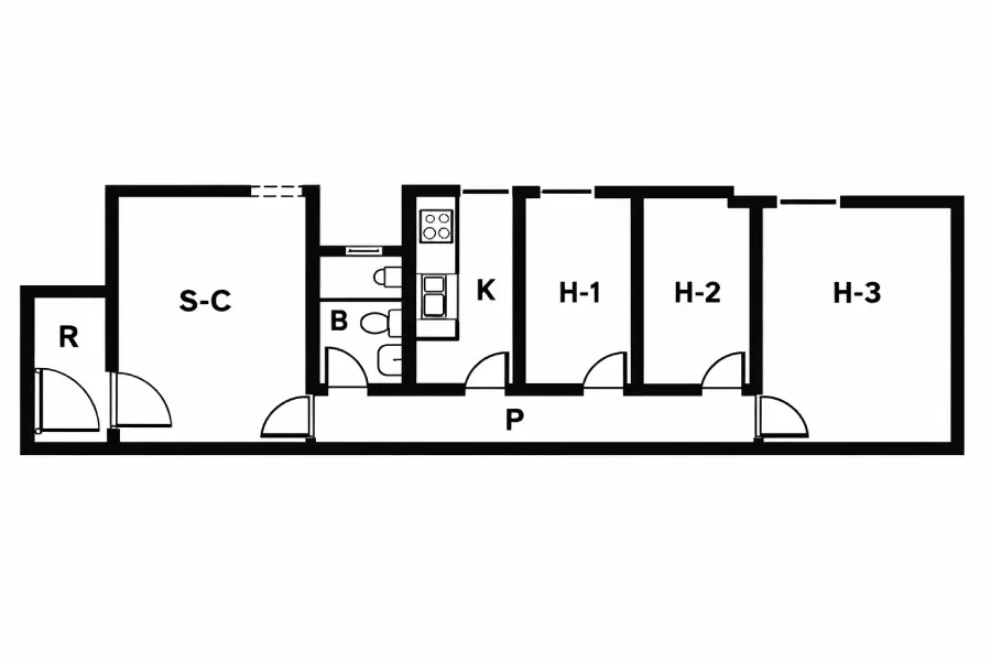 Plano de vivienda alargada con acceso por una esquina — distribución problemática para reformar