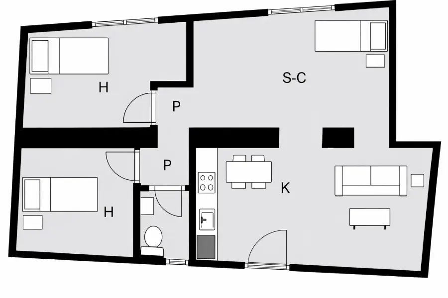 Plano de piso pequeño con muro de carga en el centro — limita cualquier redistribución