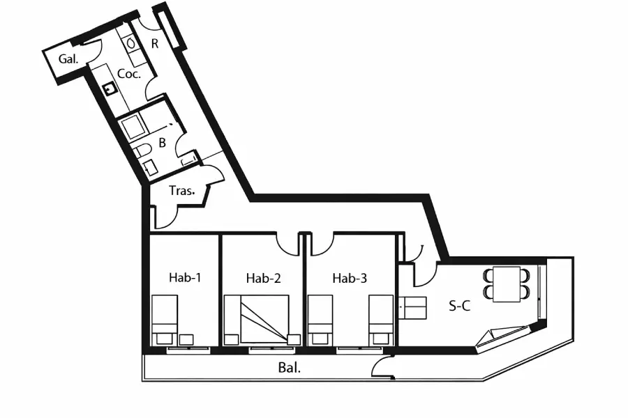 Plano de vivienda tipo tubo estrecha con medianeras a ambos lados — distribución imposible de reformar